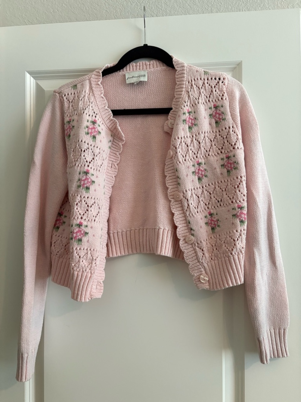 Freshman Pink Floral Ruffle-Trim Cropped Cardigan